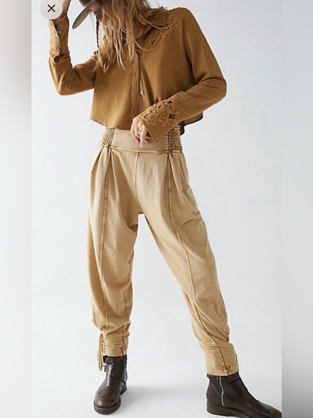 Free People One Billie Pants Smocked Pleated Pocket Tie Waistband mustard